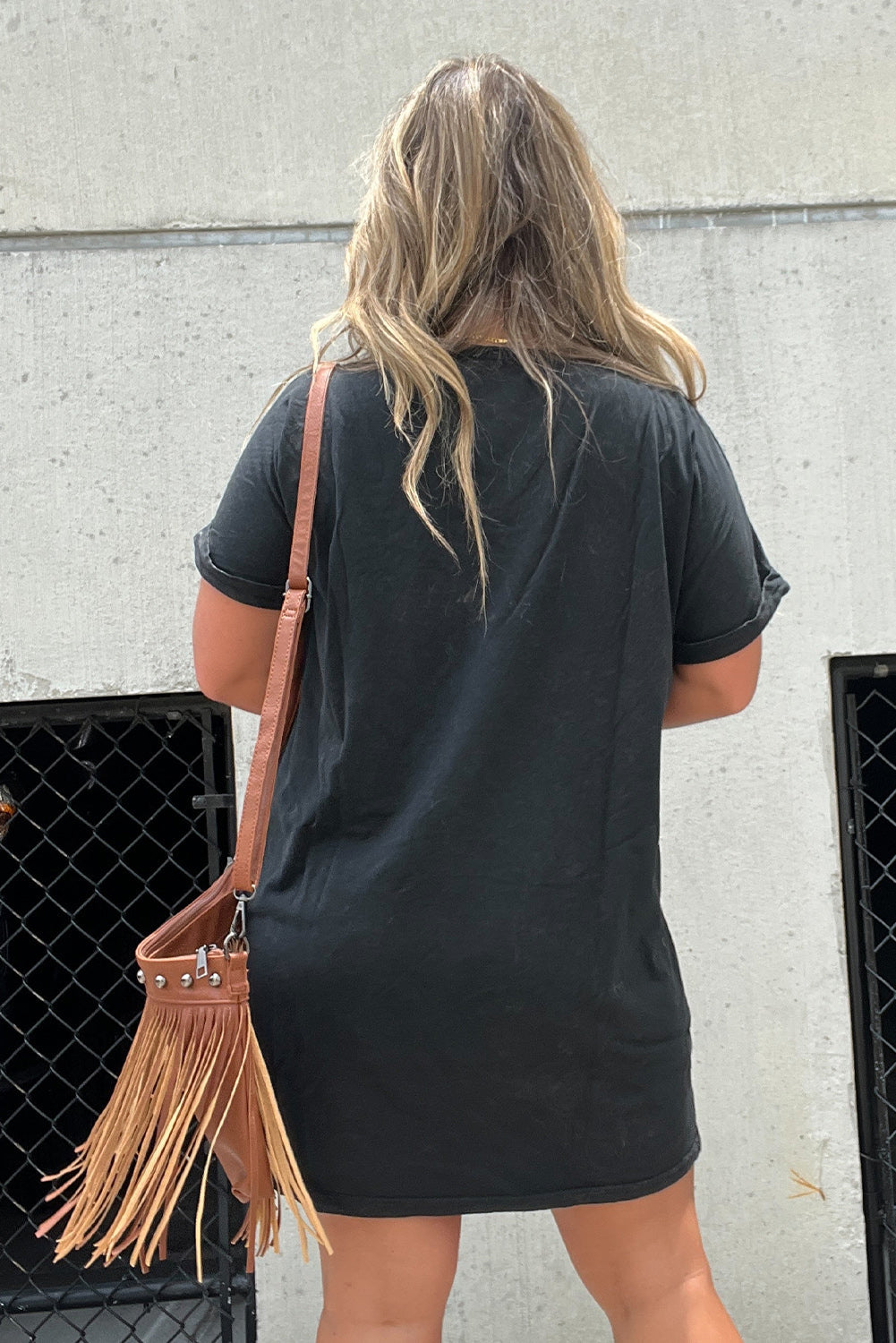 Black Graphic Round Neck Short Sleeve Tee Dress Trendy Casual T-Shirt Dress for Women Stevvex