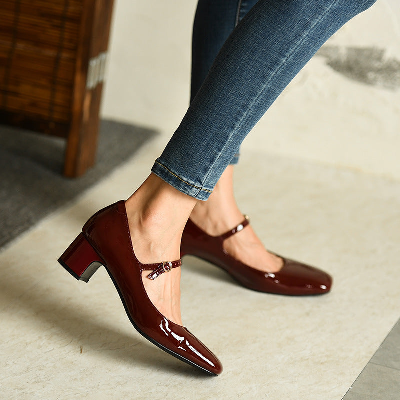 Burgundy bright leather strap square toe shoes for women Pi-Mart