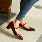 Burgundy bright leather strap square toe shoes for women Pi-Mart