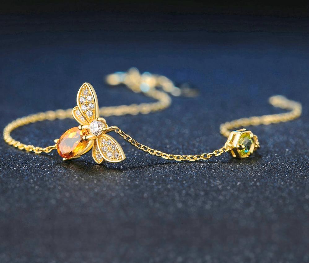 Cute Bee 925 Sterling Silver Bracelet Woman Love Gemstones Jewelry 14K Gold Plated Designer Jewelry - SJB-DIAMOND ELITES