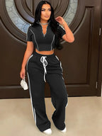 Fashion Casual Short Hoodie 2 Piece Women Summer Zipper Top Short Sleeved Sports T Shirt Stripe Splicing Long Pants Female Suit Purplish Diva