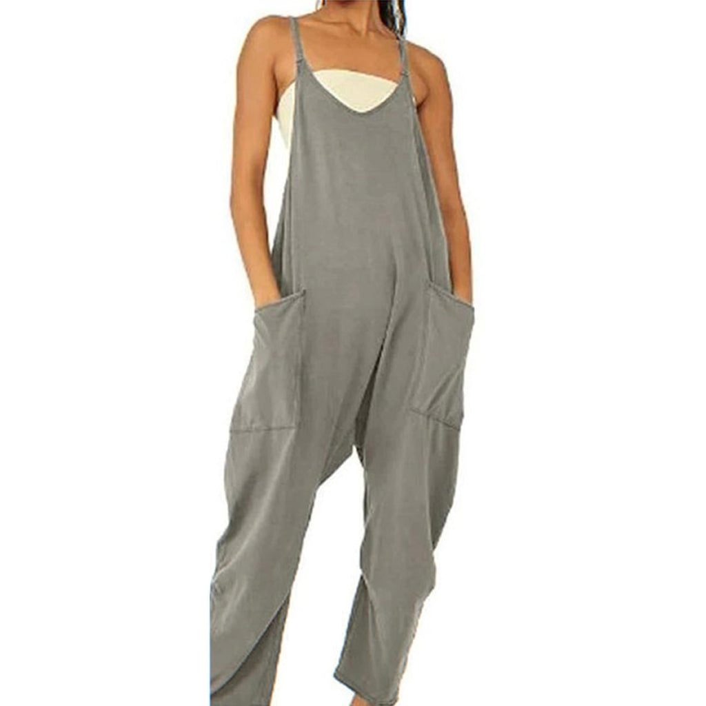 Summer Women's Loose Sleeveless Jumpsuits Spaghetti Strap Long Pant Romper Jumpsuit With Pockets Zipper