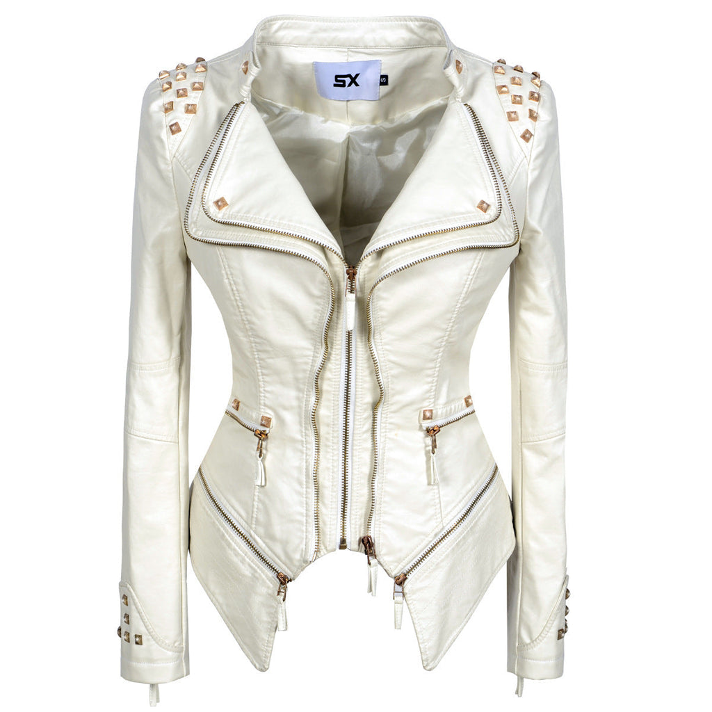 Women's Rivet Slim Washed Leather Motorcycle Jacket Pi-Mart