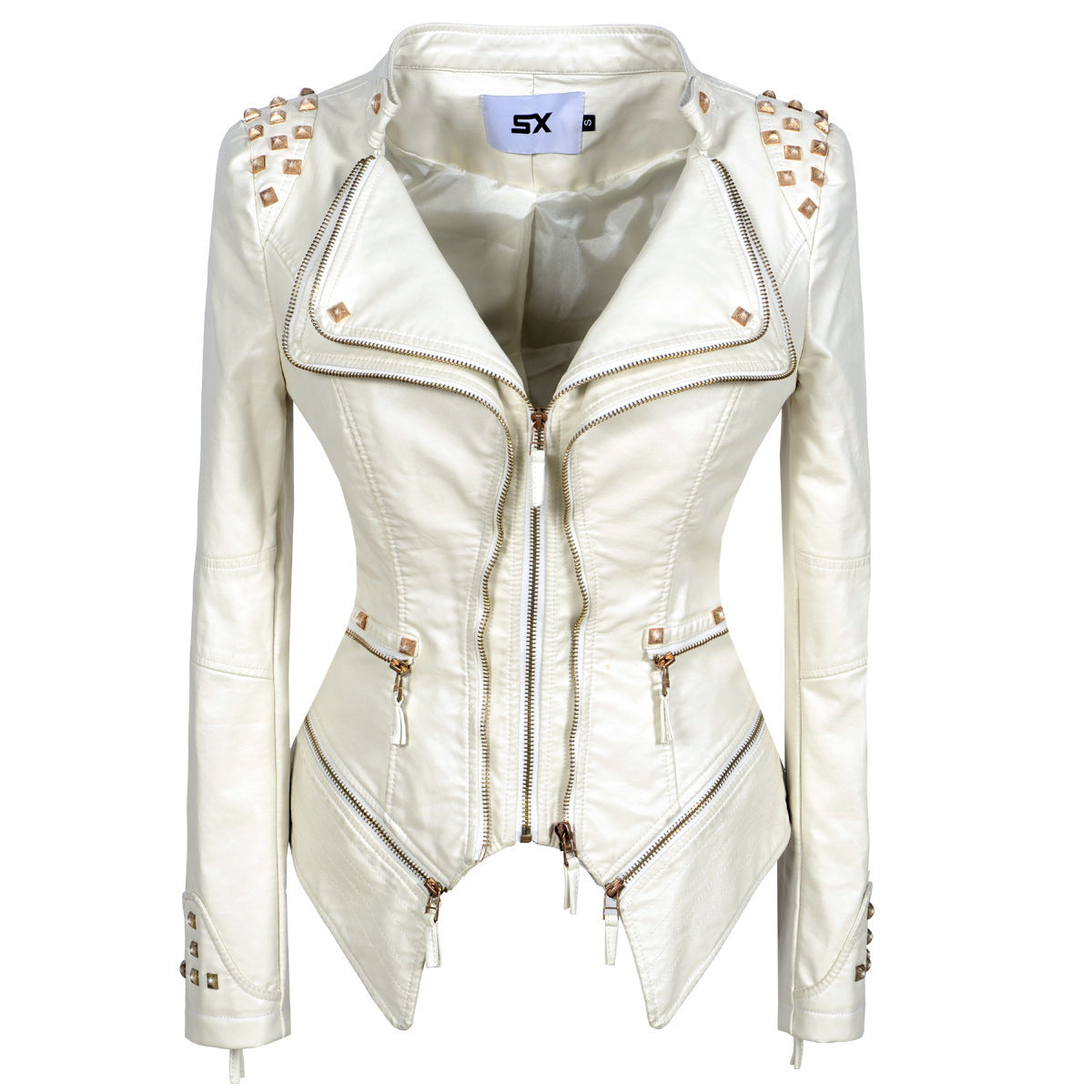 Women's Rivet Slim Washed Leather Motorcycle Jacket Pi-Mart