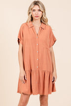 Linen Blend Button Down Shirt Mini Dress For Women – Casual, Classic Button-Down Design with Raw Hem and Tiered Detail