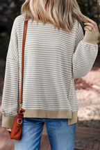 Brown Stripe Ribbed Trim Drop Shoulder Long Sleeve Oversize Top Pi-Mart
