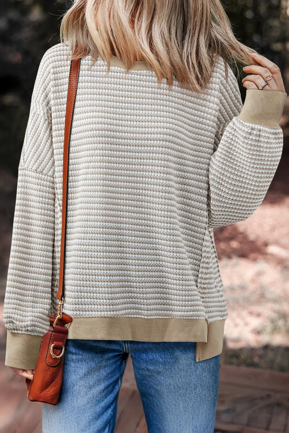 Brown Stripe Ribbed Trim Drop Shoulder Long Sleeve Oversize Top Pi-Mart