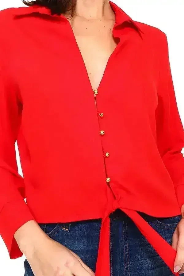 Solid Button Down Tie Front Blouse | Femstylo - SJB-DIAMOND ELITES