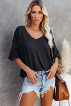Blue Exposed Seam Drop Sleeve V Neck Waffle Textured Top