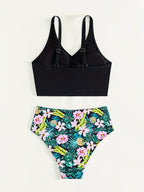 Bikini Solid Black Twist Front High Waist 2 Piece Swimsuit for Women – Stretchy V Neck Bikini Set with Ruched Tummy Control and Cross Strape Detail – Quick Drying Polyamide Swimwear for Beachwear Poolside and Summer Travel Stevvex