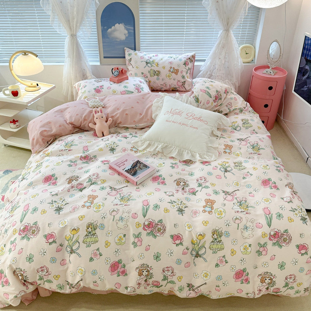 Cute Floral Rabbit Cotton Four-piece Set Pastoral Cotton Quilt Cover Bed Sheet Three-piece Set Pi-Mart