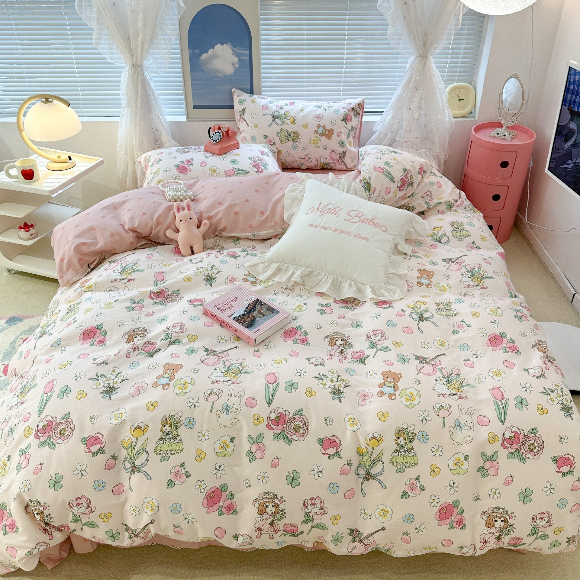 Cute Floral Rabbit Cotton Four-piece Set Pastoral Cotton Quilt Cover Bed Sheet Three-piece Set Pi-Mart