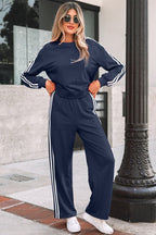 Varsity Stripe Crewneck Pullover and Sweatpants Set THRIXINE
