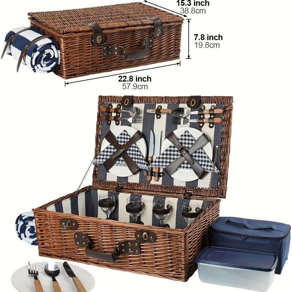 Extra Large Willow Picnic Basket with Service Set for 4 Persons, Natural Wicker Picnic Hamper with Free Food Cooler, Fleece Blanket and Tableware - Best Gift Lootquake LLC