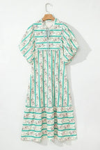 Multicolor Boho Floral Striped Tie V Neck Long Dress