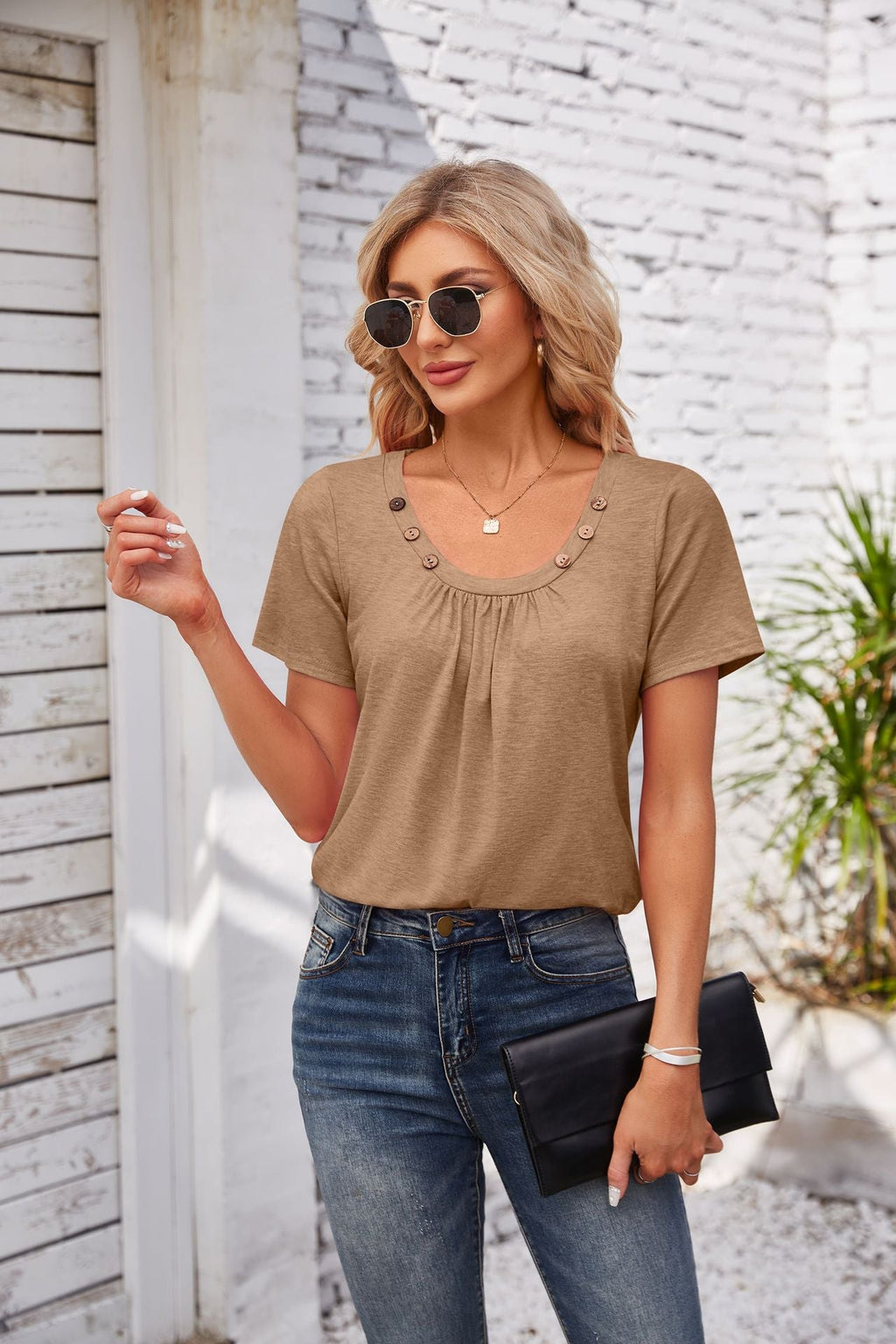 Women's Short-sleeved T-shirt Summer Button Square Collar Pleated Design Solid Color Loose T-shirt Womens Clothing Pi-Mart