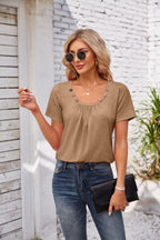 Women's Short-sleeved T-shirt Summer Button Square Collar Pleated Design Solid Color Loose T-shirt Womens Clothing Pi-Mart