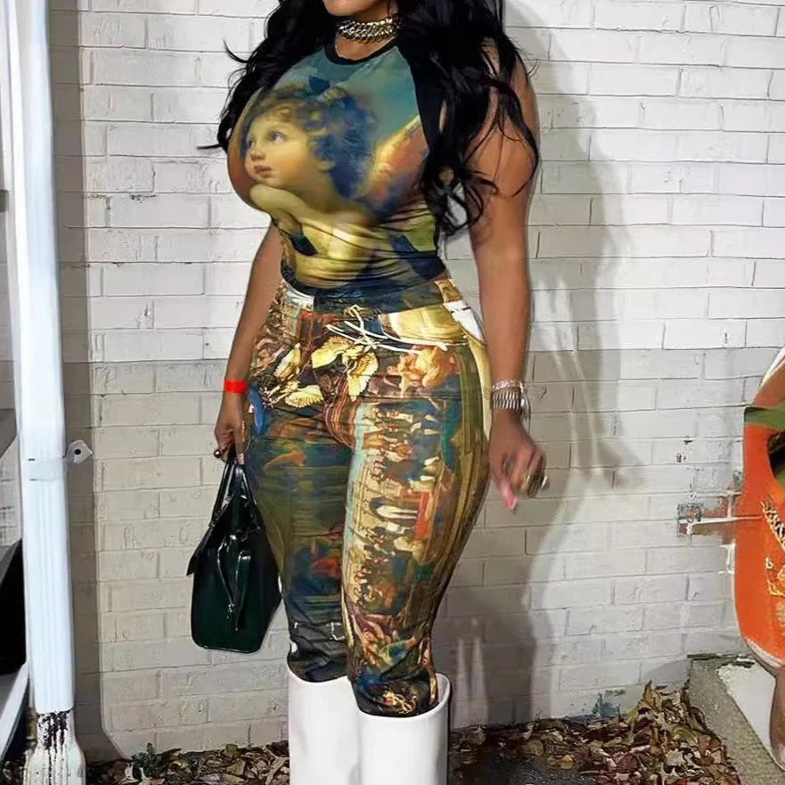 FAGADOER Fashion Print 2 Piece Sets Woman Outfit Oil Painting Sleeveless Crop Top And Pants Female Streetwear Summer Spring New Purplish Diva