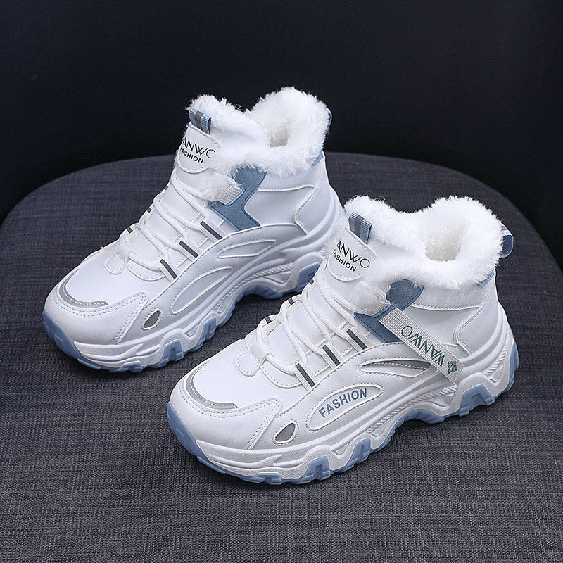 Fashion Black White Lace-up Sneakers Winter Warm All-match Plush Shoes Women Plus Velvet Fleece Flat High-top Sports Shoes Pi-Mart