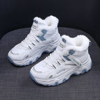 Fashion Black White Lace-up Sneakers Winter Warm All-match Plush Shoes Women Plus Velvet Fleece Flat High-top Sports Shoes Pi-Mart