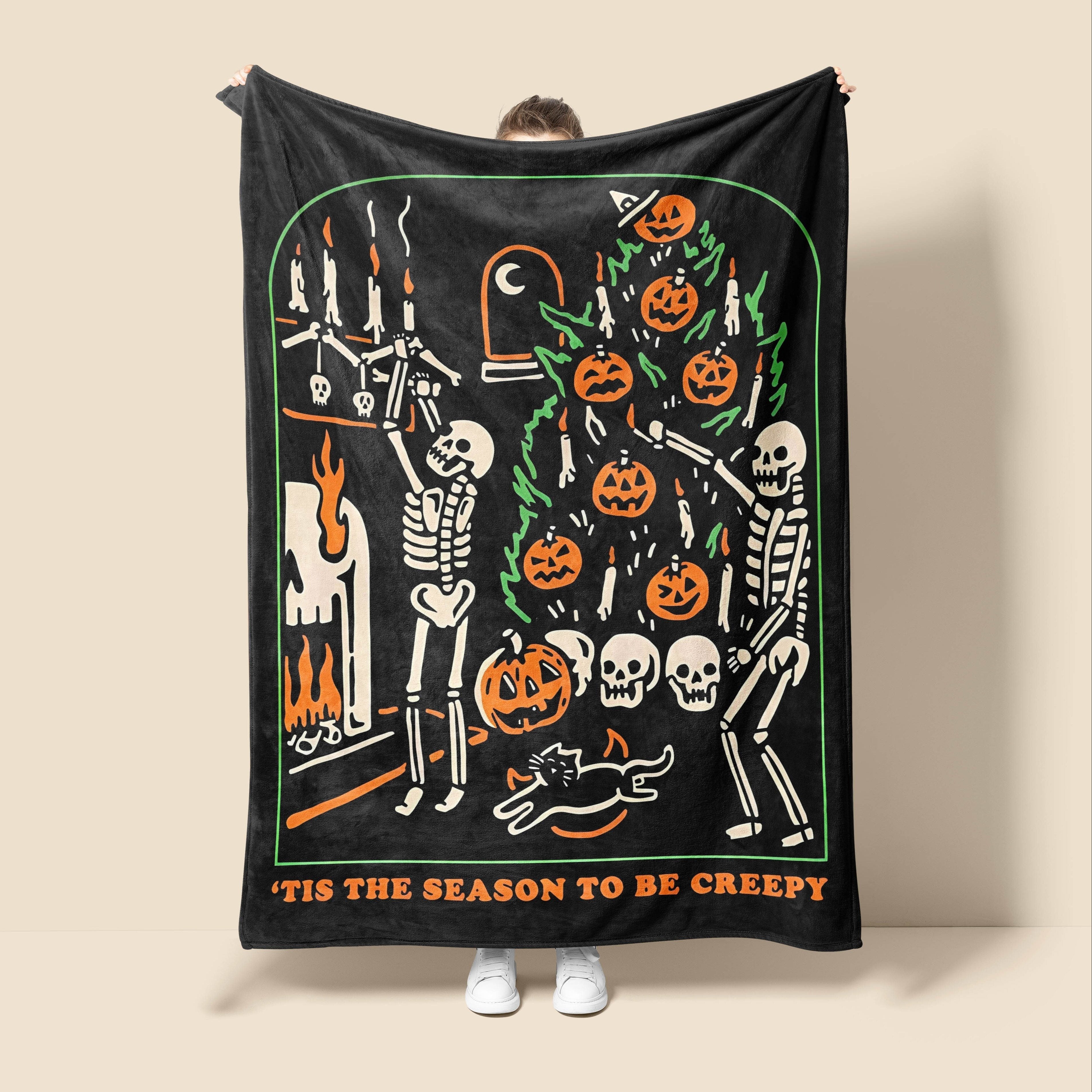 1pc Halloween Blanket Pumpkin Skull Throw Blanket Flannel Fleece Blanket For Women, Men, Fuzzy Plush Lightweight Blanket For Bedroom Couch Sofa Black Lootquake LLC