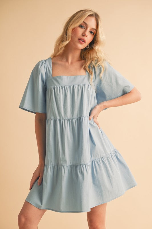 New Summer Square Neck Half Sleeve Tiered Dress For Women, Flattering, Chic, Comfortable and Versatile for Any Occasion Stevvex