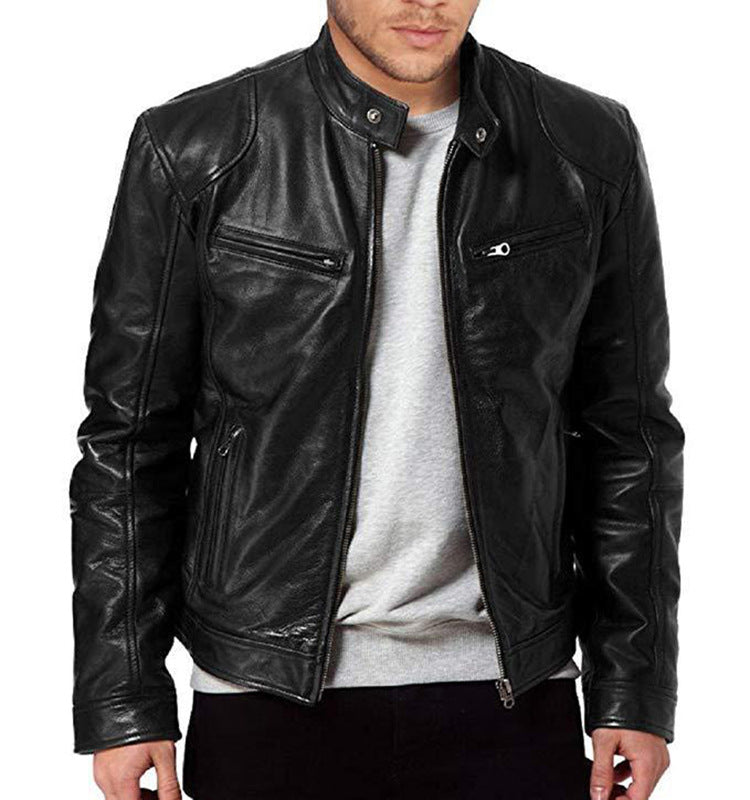 Slim Fit PU Leather Jacket - Stand Collar Youth Biker Jacket with Metal Details