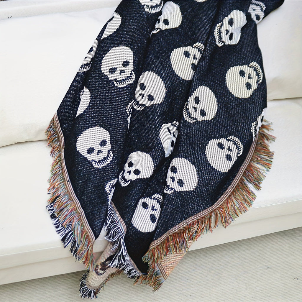 Bohemian Knitted Halloween White Skull Head Printed Tassel Blanket, Suitable For Camping, Casual Picnic Lootquake LLC