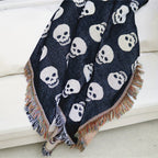 Bohemian Knitted Halloween White Skull Head Printed Tassel Blanket, Suitable For Camping, Casual Picnic Lootquake LLC