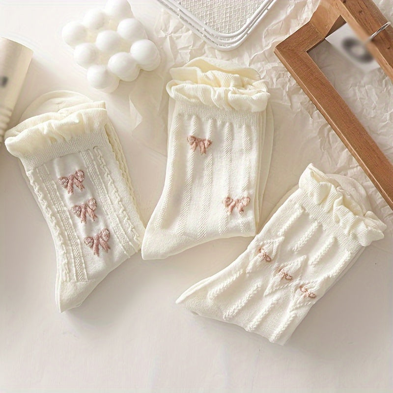 9 Pairs Floral & Bow Print Socks, Sweet & Cute Ruffle Socks, Women's Stockings & Hosiery Lootquake LLC