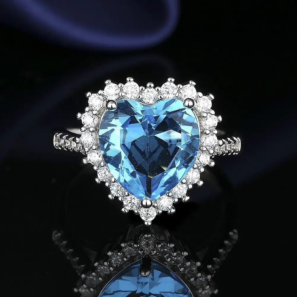 European And American Aquamarine Colored Gems Necklace Ear Stud Ring Women's