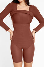 Elegant Black Full Size Built-In Shapewear Square Neck Long Sleeve Dress Sculpting Fit Dress for Women
