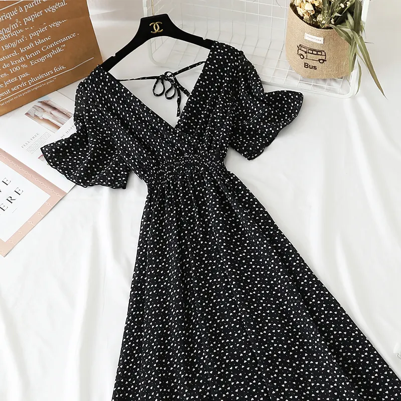 Summer Women Ruffled Short-sleeved Chiffon Dress V-neck High Waist Floral Print Beach Midi Dresses For Women Stevvex