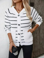 Striped Button Up Long Sleeve Hooded Cardigan - SJB-DIAMOND ELITES
