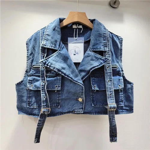 Retro Pink Large Pocket Denim Suit Spring Summer Sleeveless Short Vest High Waist Hip Wrapped Skirt 2 Pieces Sets Women Outfits Purplish Diva
