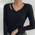Ladies' Hollowed Out V-neck Long Sleeved Solid Color Sexy Versatile Knitted Cardigan - SJB-DIAMOND ELITES