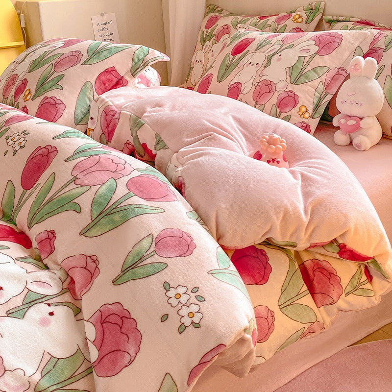Winter Thickening Milk Fiber Bed Four-piece Coral Velvet Quilt Cover Flange Double-sided Bed Sheet Three-piece Bedding Pi-Mart