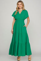 Surplice Short Sleeve Tiered Maxi Dress With Pockets For Women – Fluttering, Elegant and Versatile Maxi Dress with Surplice Neckline and Pockets