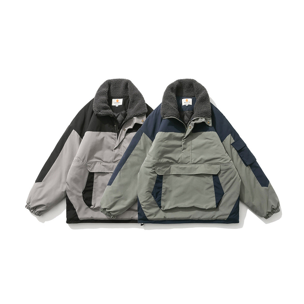 Color-blocking Pocket Pullover Cotton American Retro Men's Cotton Coat Pi-Mart