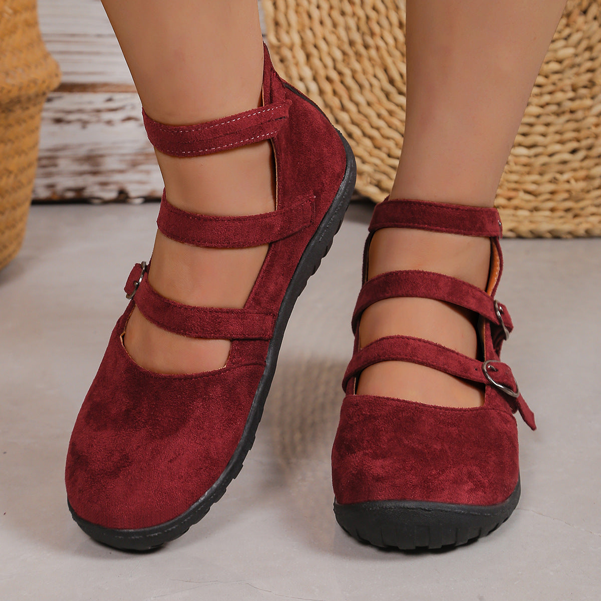 Women's Plus Size Square Toe Vintage Double Buckle Cloth Shoes Pi-Mart