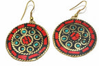 Handmade Mosaic Round Gold Tone Earrings With Color Inlay