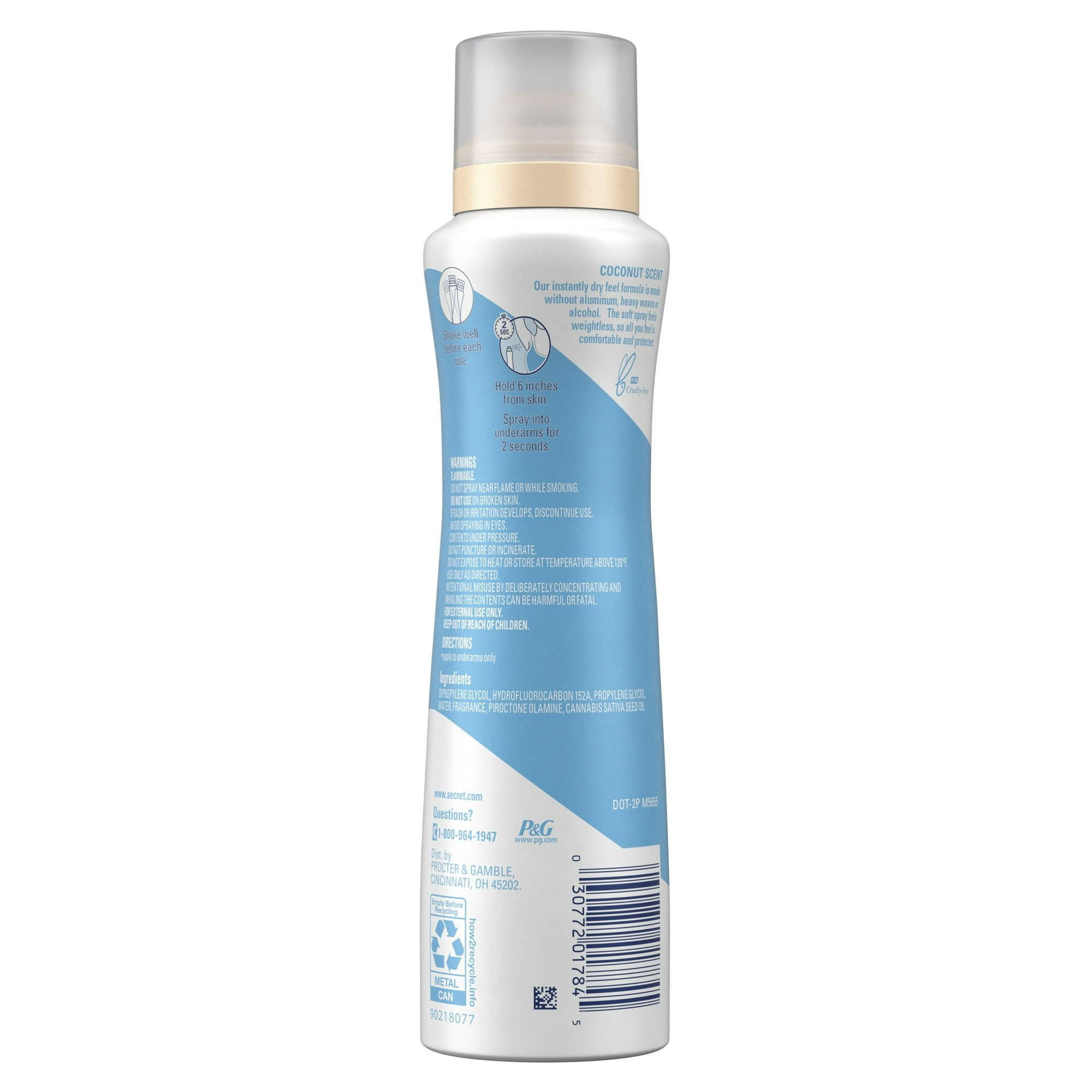 Secret Dry Spray Aluminum Free Deodorant, Coconut and Hemp Seed Oil, 4.1oz. EasyOptionXY LLC