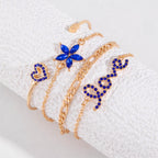 4pcs Blue Flower Love Butterfly Bracelet Set With Rhinestones Design Valentines Day Pi-Mart