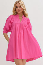 Pink Puff Sleeve Mini Dress Casual and Feminine Dress for Women Simple Classic Summer Dress Stevvex