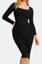 Elegant Black Full Size Built-In Shapewear Square Neck Long Sleeve Dress Sculpting Fit Dress for Women