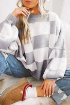 Orange Checkered Bishop Sleeve Sweater - Femstylo