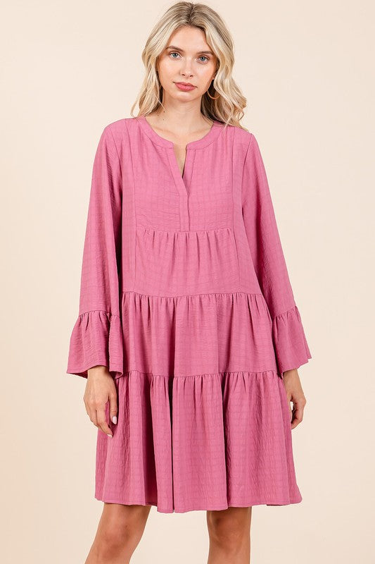 Tiered Notched Flare Sleeve Dress – Fluttering, Playful and Stylish Dress with Ruffled Layers and Trendy Flare Sleeves Stevvex