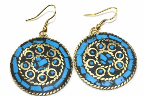 Handmade Mosaic Round Gold Tone Earrings With Color Inlay