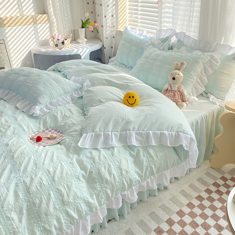 Solid Color Four-piece Quilt Cover Bed Skirt Bedding Set Pi-Mart