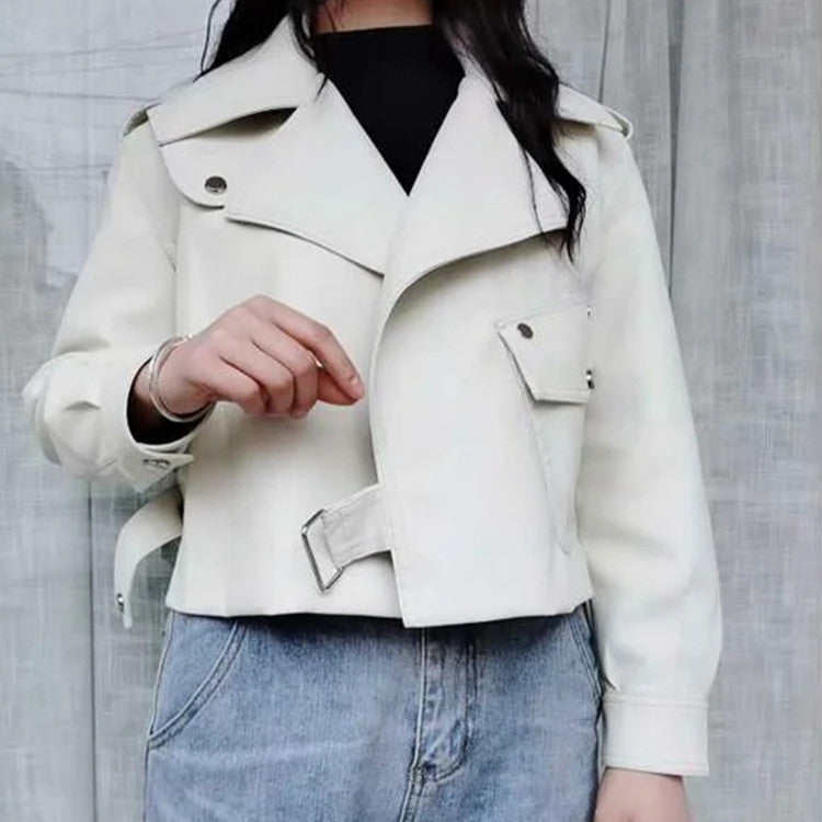 Lapel Short Motorcycle Leather Ladies Jacket Pi-Mart
